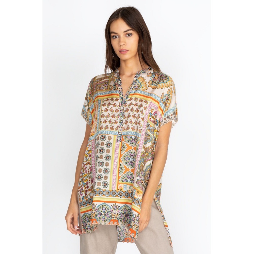 Johnny Was Summer Margarita Silk Tunic NWT Size L Boho Paisley Lace Trim $265